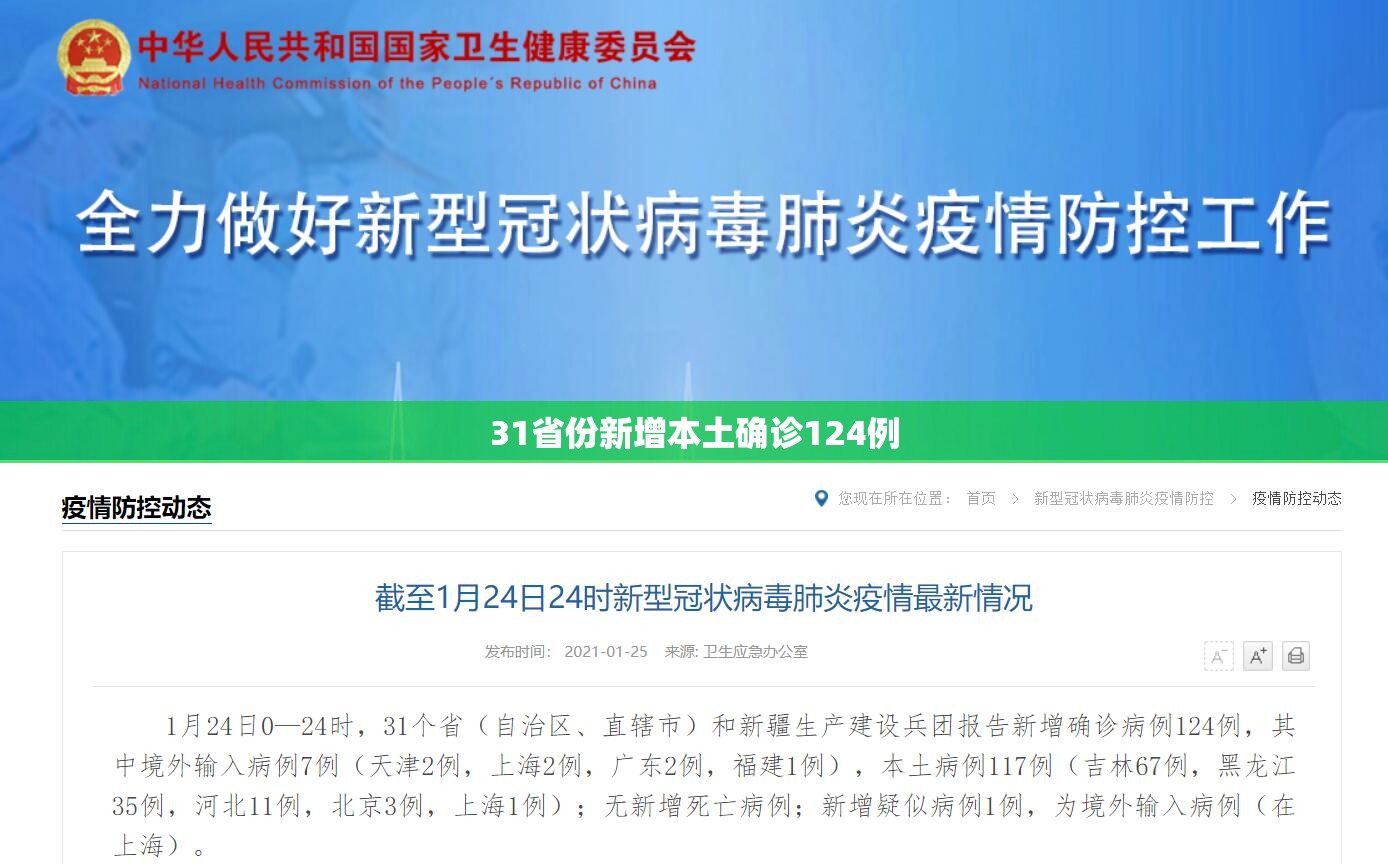 31省份新增本土确诊124例/31省区市新增本土确诊30例