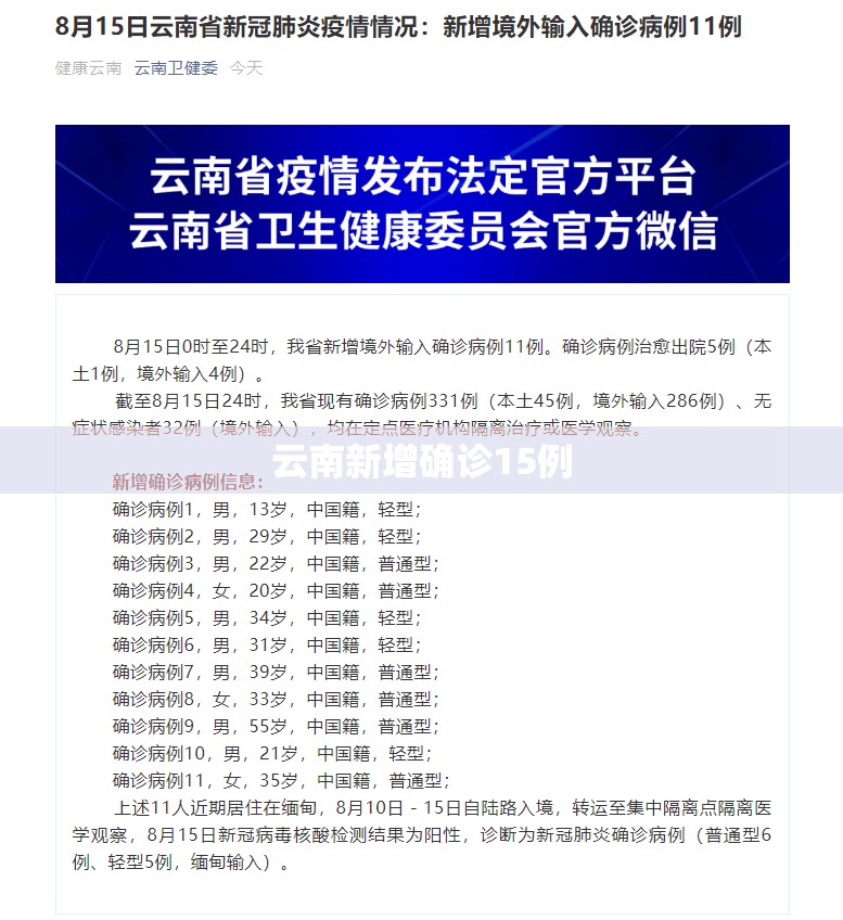 云南新增确诊15例/云南新增确诊15例最新消息 云南新增确诊15例/云南新增确诊15例最新消息